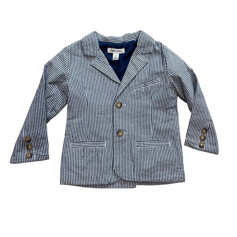 Cherokee Striped Seersucker Blazer Boys Size 3T Blue‎ White Notch Lapel Cotton